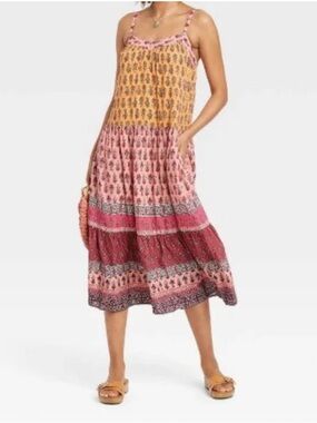 Knox Rose Tiered Sleeveless Midi Dress in Mustard, Pink & Burgundy